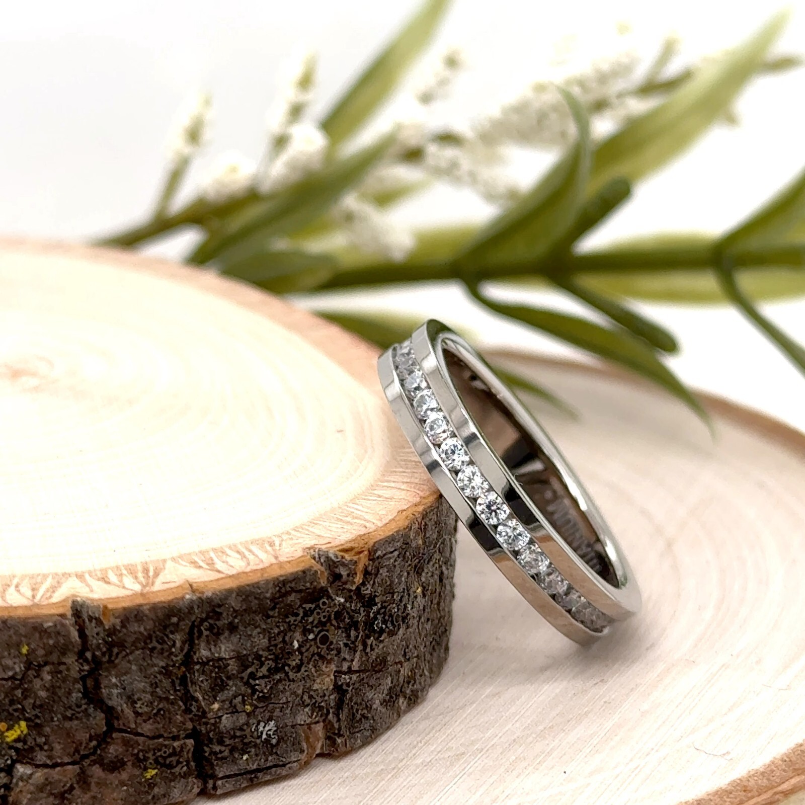 4MM Silver Titanium Christmas Gifts Her Ring CZ Stone Inlay Polished Finish Band