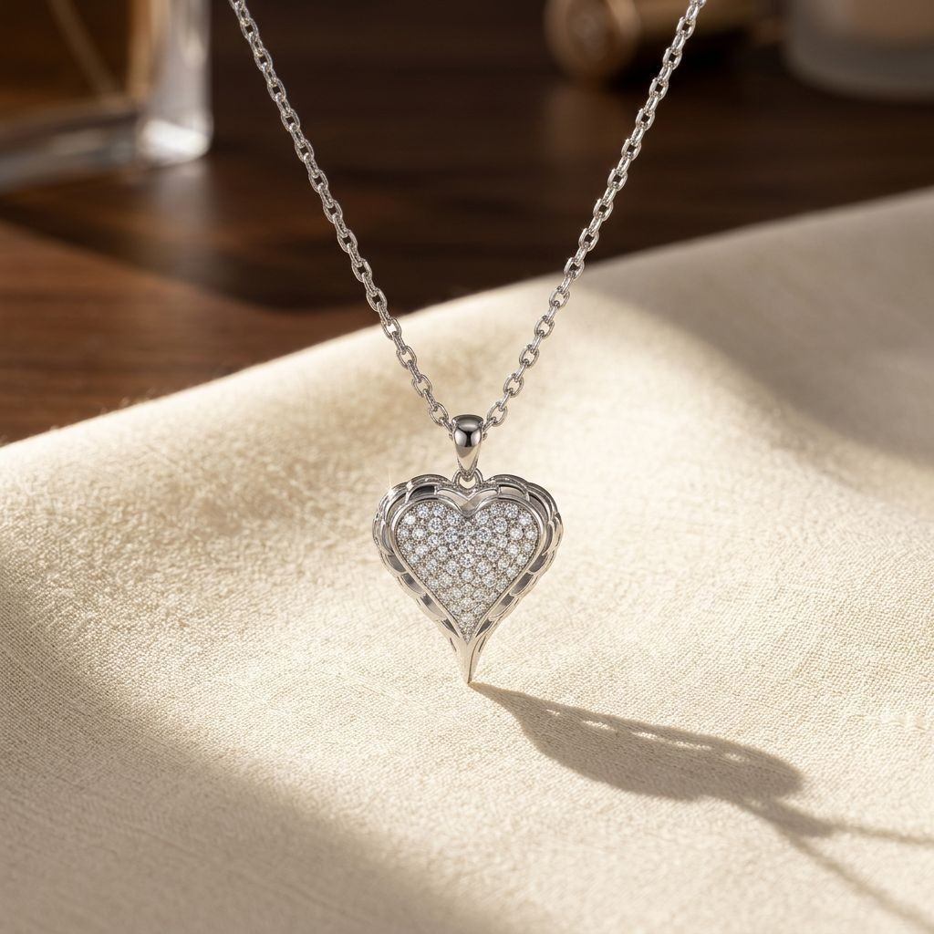925 Sterling Silver Moissanite Double Heart Pave Pendant Necklace for Women