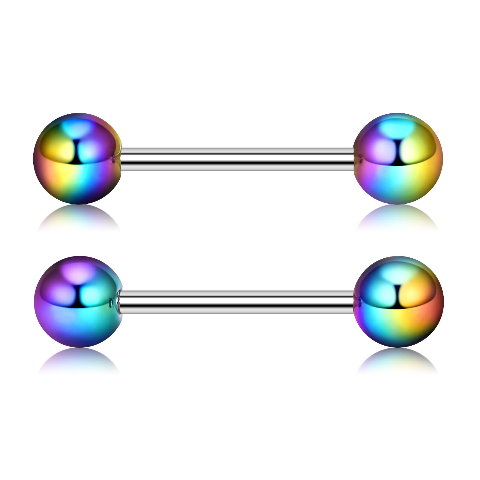 2pcs Colorful Ball Tongue Rings 316L Stainless Steel Barbell Nipple Ring 14G Bar