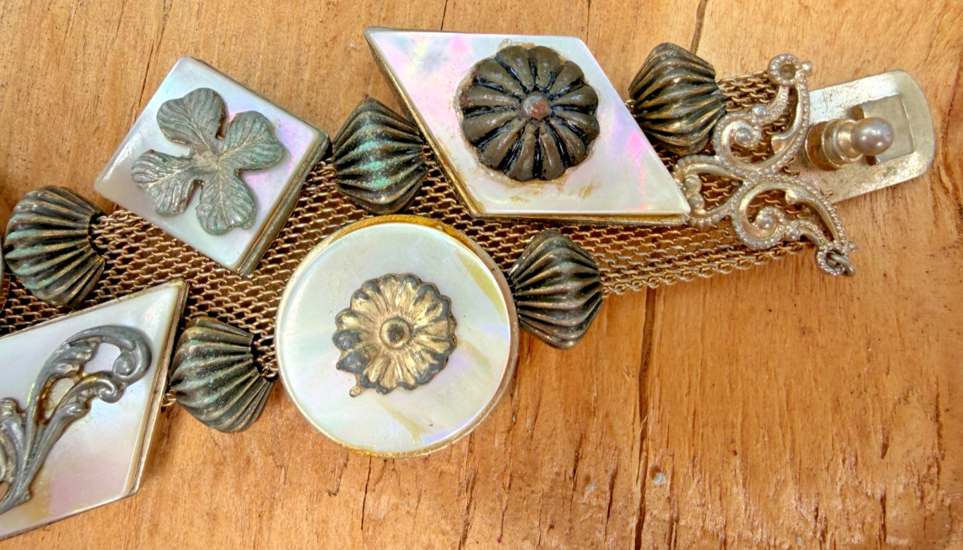 Vintage Mesh Sliding Charm Bracelet Abalone Mother of Pearl Pik NY Rare Unique!