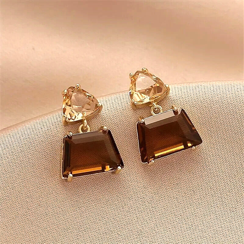 14K Gold Plated Vintage Luxury Copper Earrings Brown Sparkling Rhinestone Women
