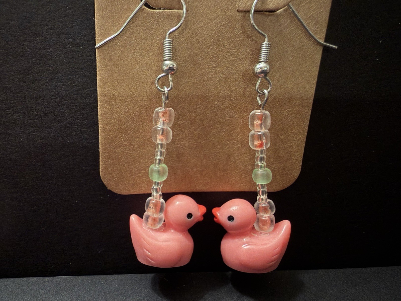Handmade ooak coral duck dangle drop earrings with clear and colored glass beads