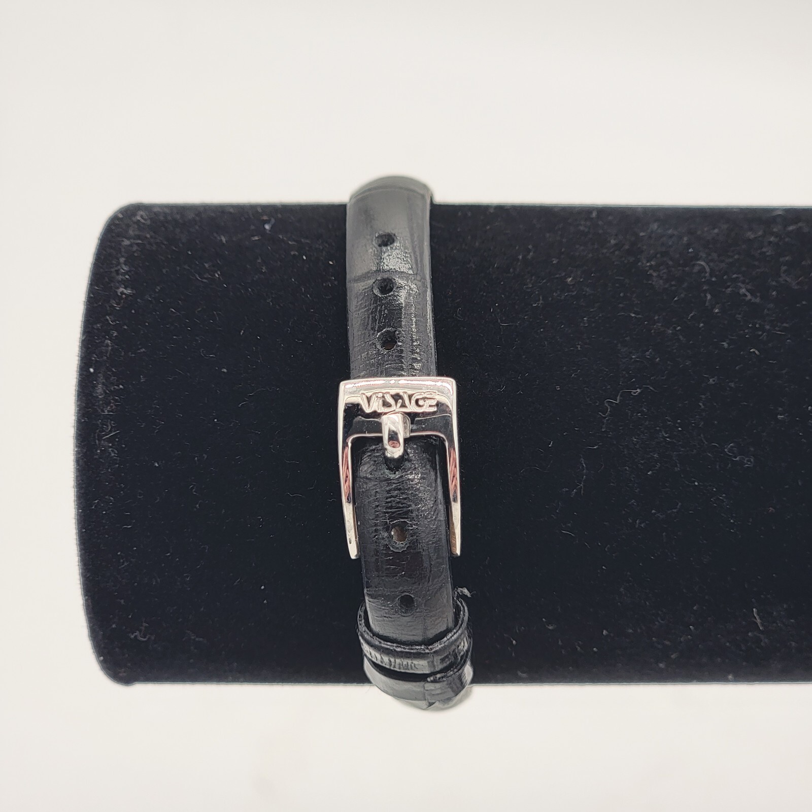 VERA PELLE Visage Black Leather Stainless Steel Rhinestone Bracelet