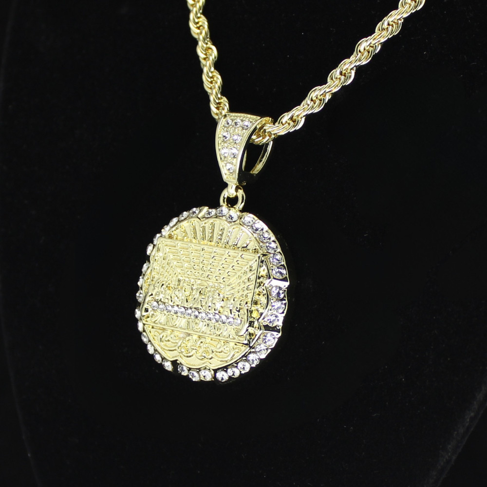 Round Iced Medium Last Supper CZ Pendant 14k Gold Plated 24″ Rope Chain Necklace