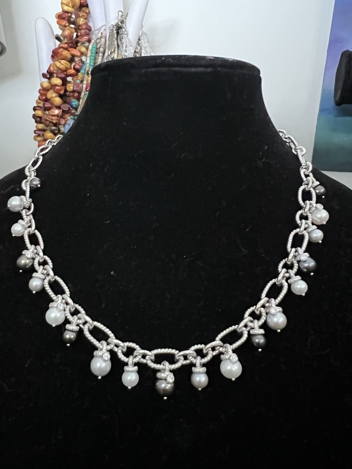 Designer Signed Judith Ripka Sterling Silver Pearl Toggle Necklace 18-20”