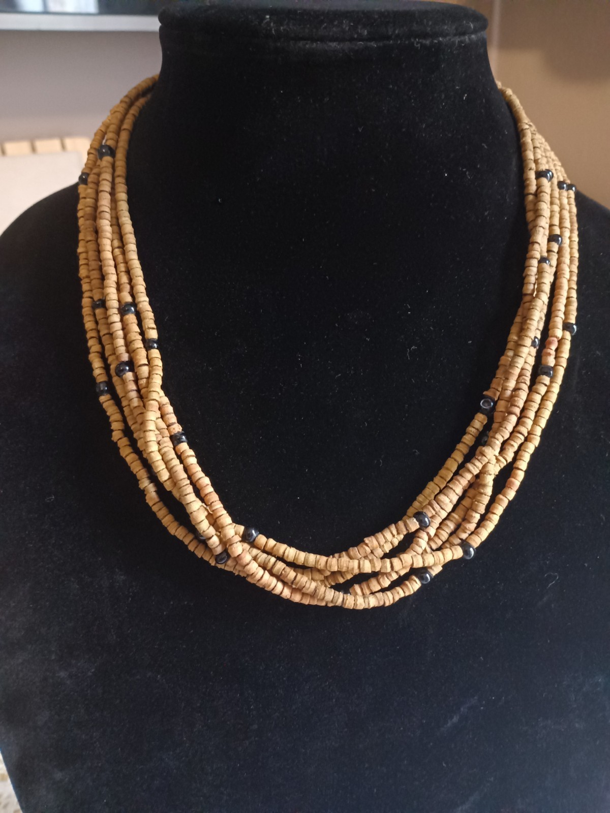 vintage Brown Wood Beaded Multi-Strand Ball/Bead Necklace Hook Closure 20in
