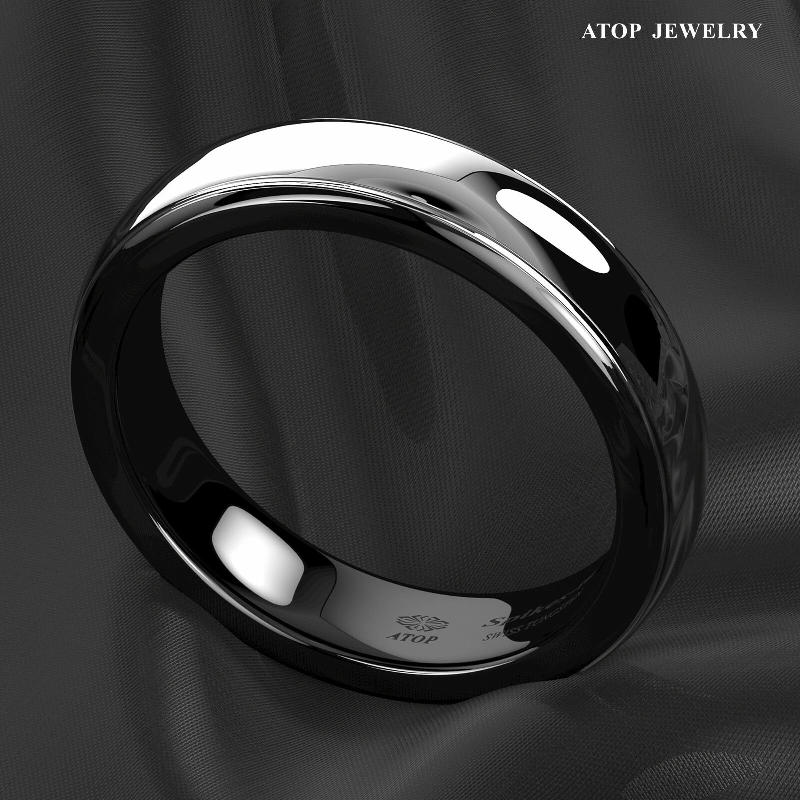 8/6mm Dome Black Silver Center Tungsten Carbide Ring ATOP Wedding Band Bridal