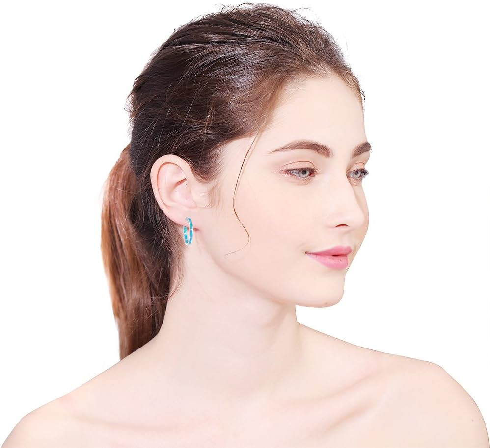 925 Sterling Silver Hoop Earring, Opal Small Small, Blue and Sliver