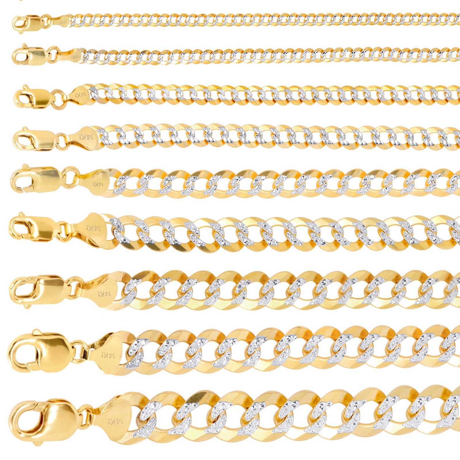 Solid 14K Gold 2-12mm Diamond Cut Pave Curb Chain Cuban Necklace Bracelet 7″-30″