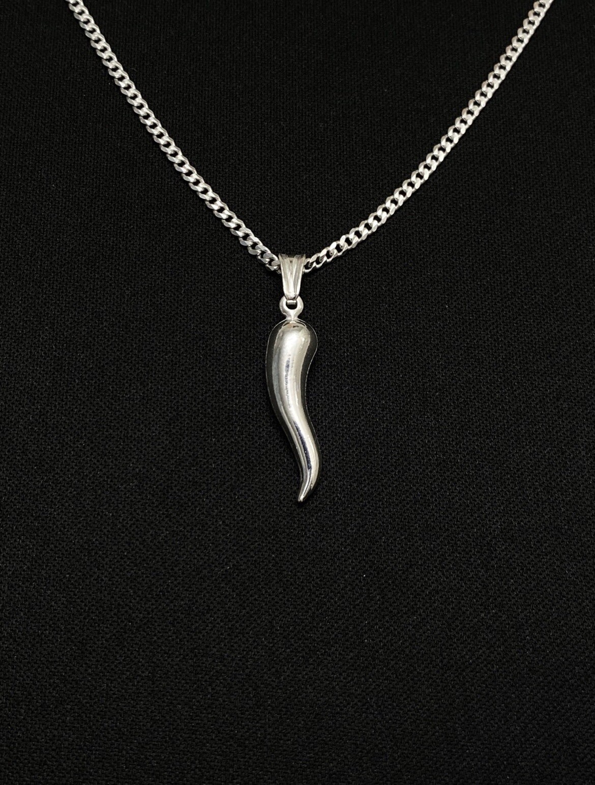 Sterling Silver Italian Horn Pendant With Silver 20” 2mm Curb Chain