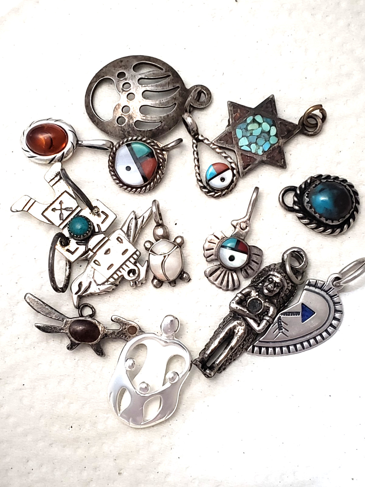VINTAGE HAND MADE NATIVE AMERICAN SILVER CHARM LOT INLAYED ZUNI NAVAJO
