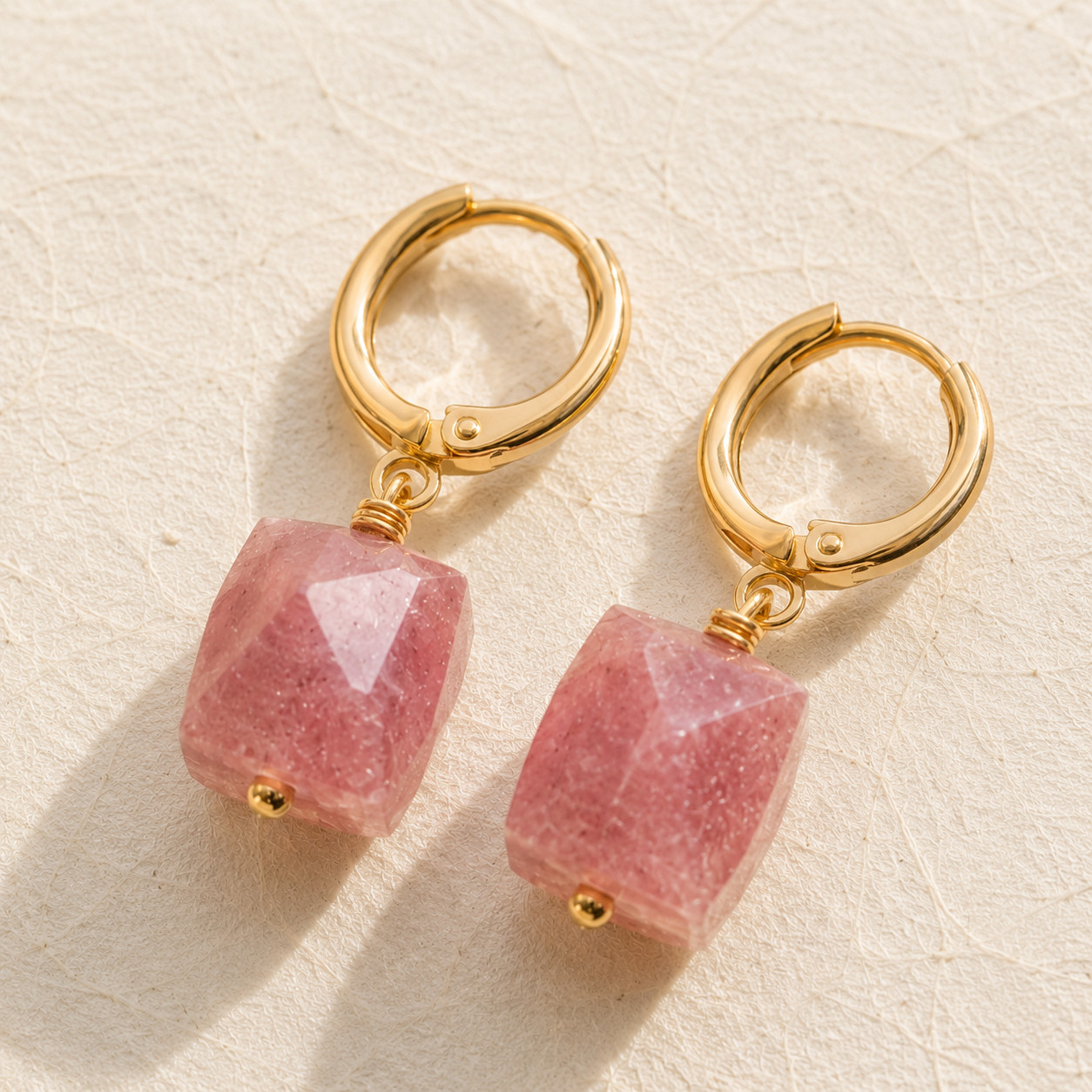 Natural Strawberry Quartz Cube Drop Earrings | 18K Gold Plated | Love & Vitality