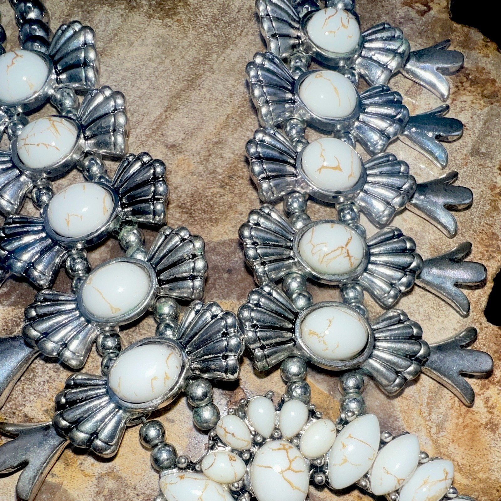 Silver Tone White Howlite Cabochon Statement Necklace, Crescent Charm Pendant