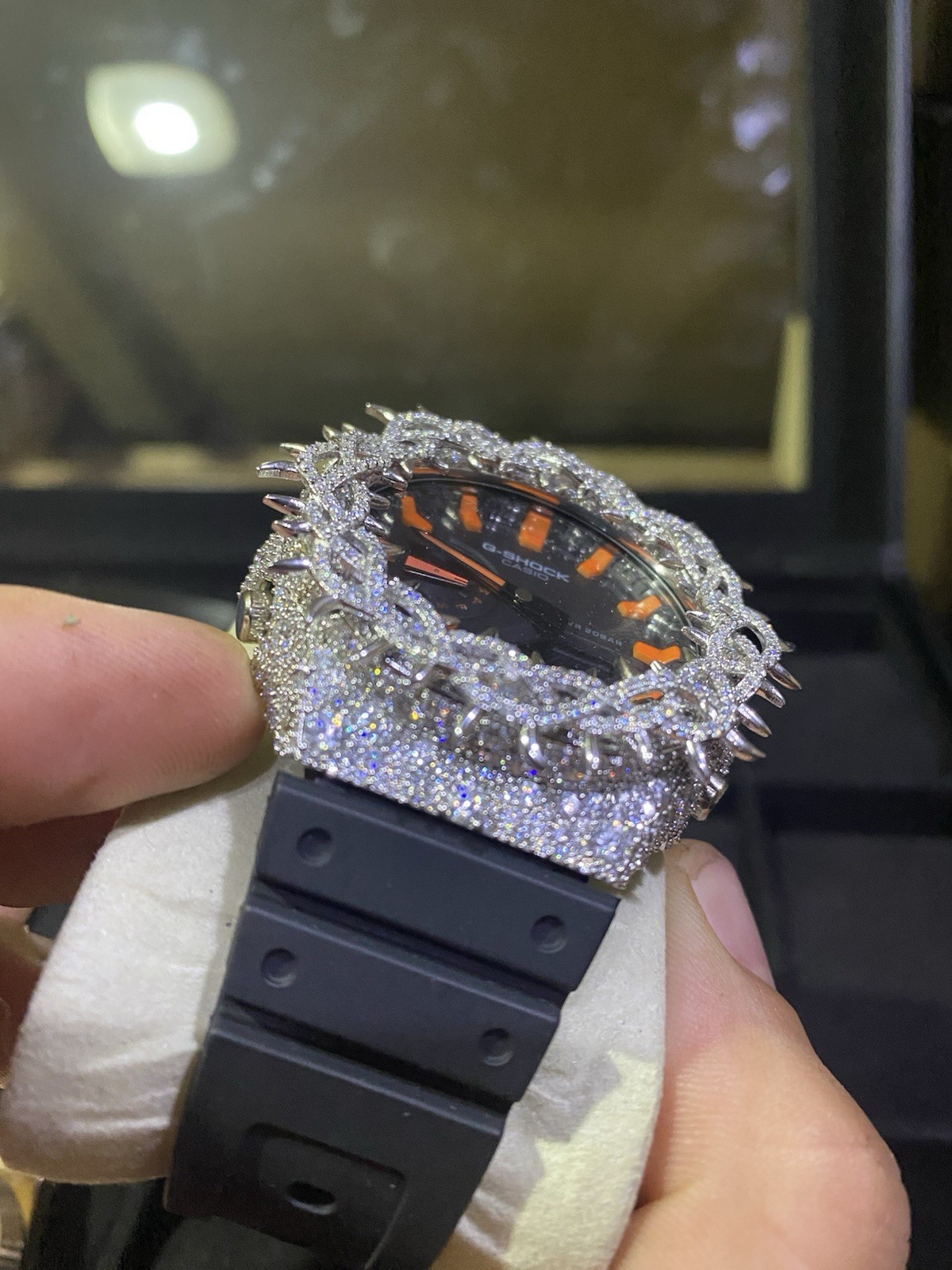 Black & Orange Casio G-shock Watch VVS Moissanite Diamond Bezel