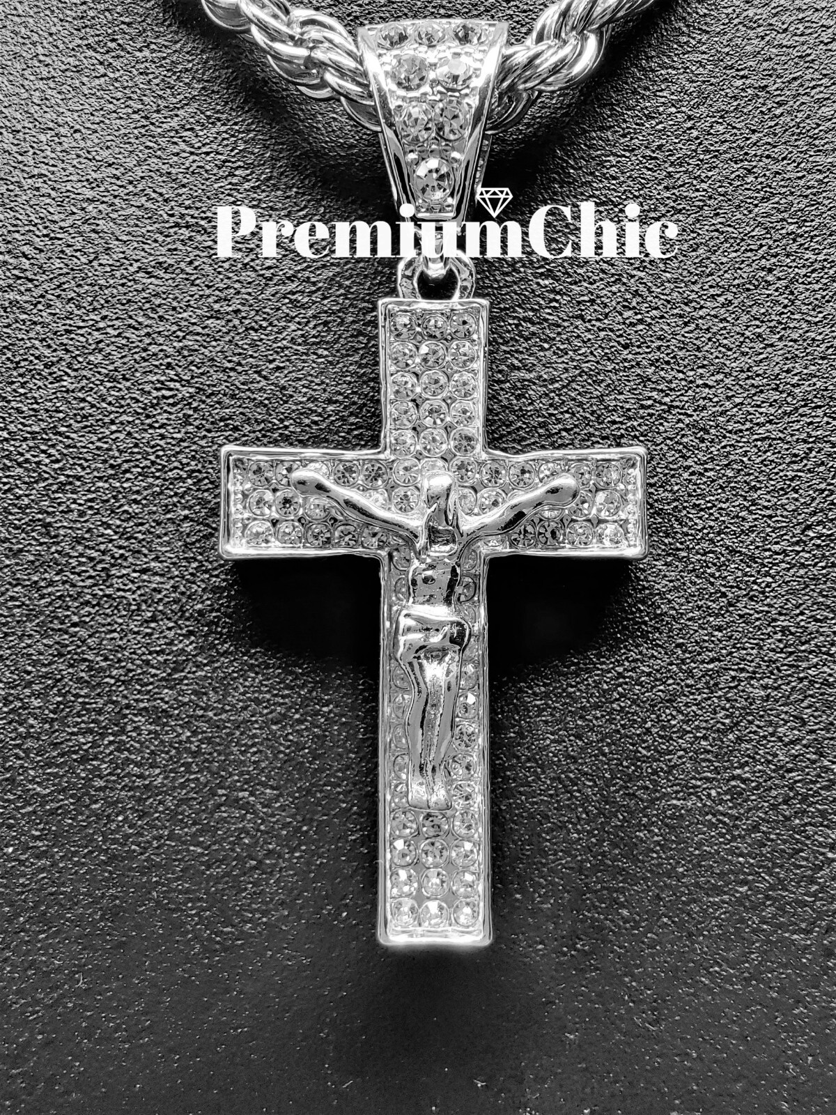 ICED Jesus Cross Pendant Necklace Choker with Rope Chain Mens Plated CZ Jewelry