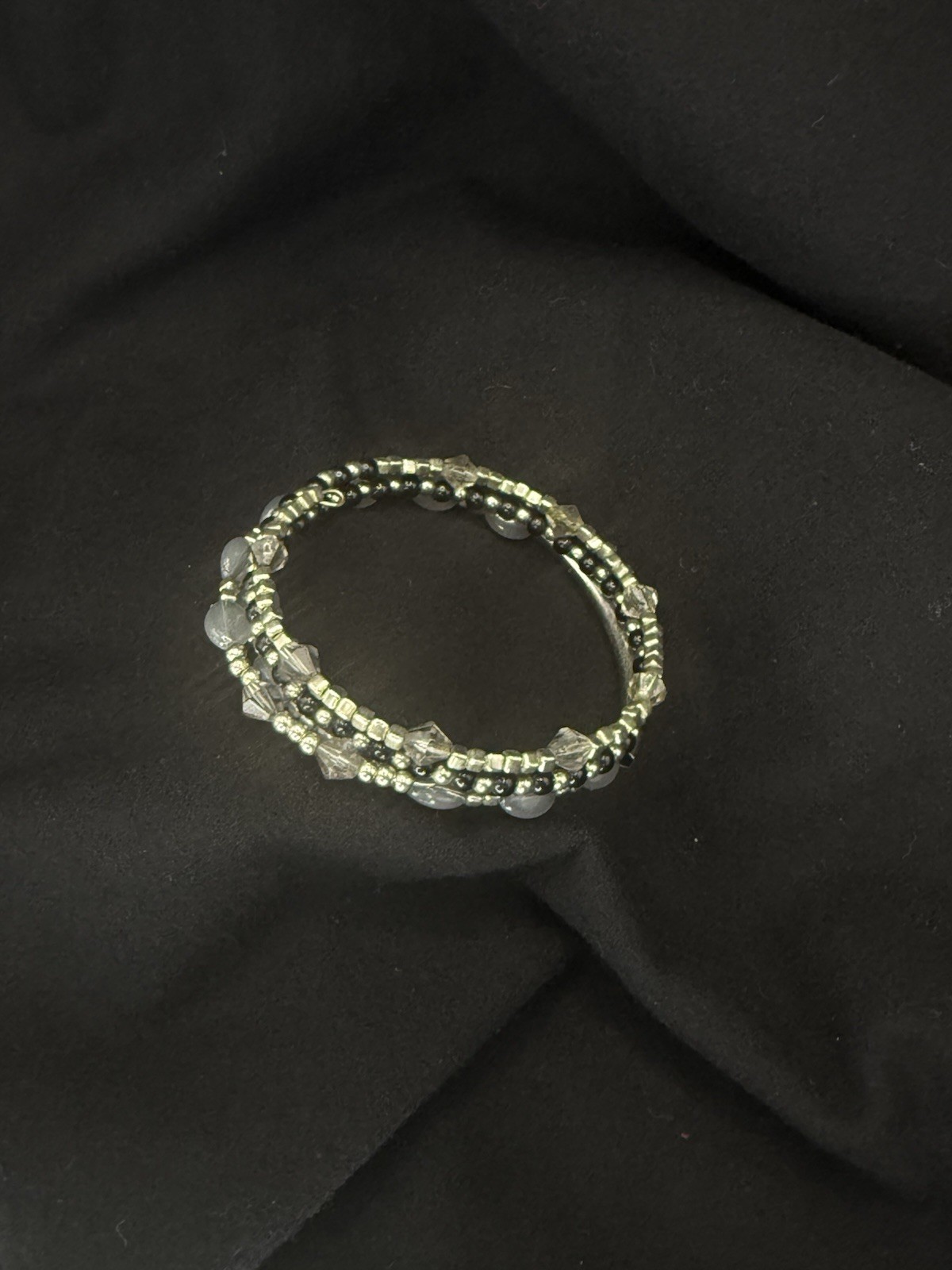 Silver Tone Stackable Wrap Bangle Bracelet, Gray Round Crystal Bead Strands