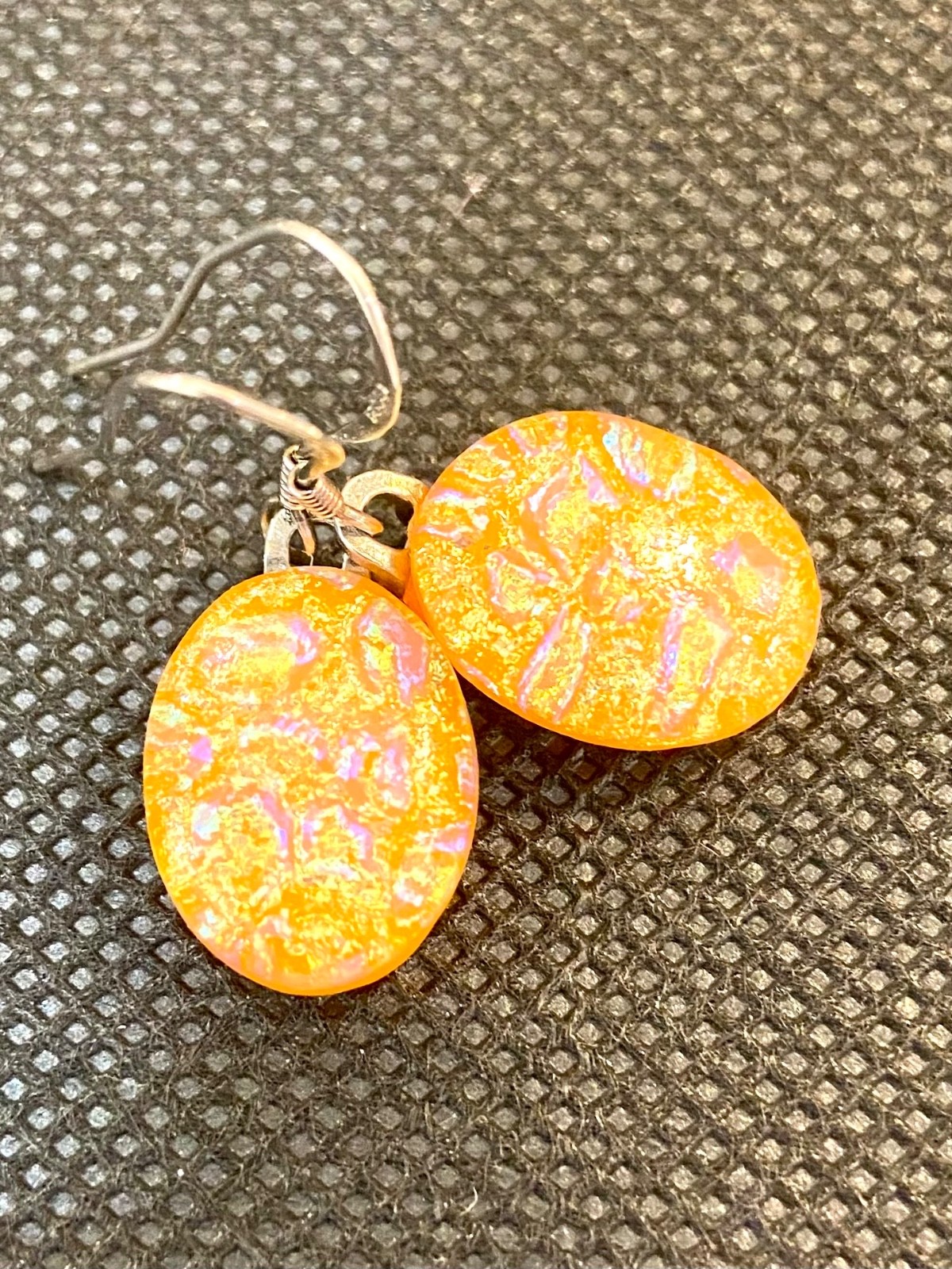 Orange Fused Dichroic Art Glass Dangle Earrings – Sterling Silver Ear Wires