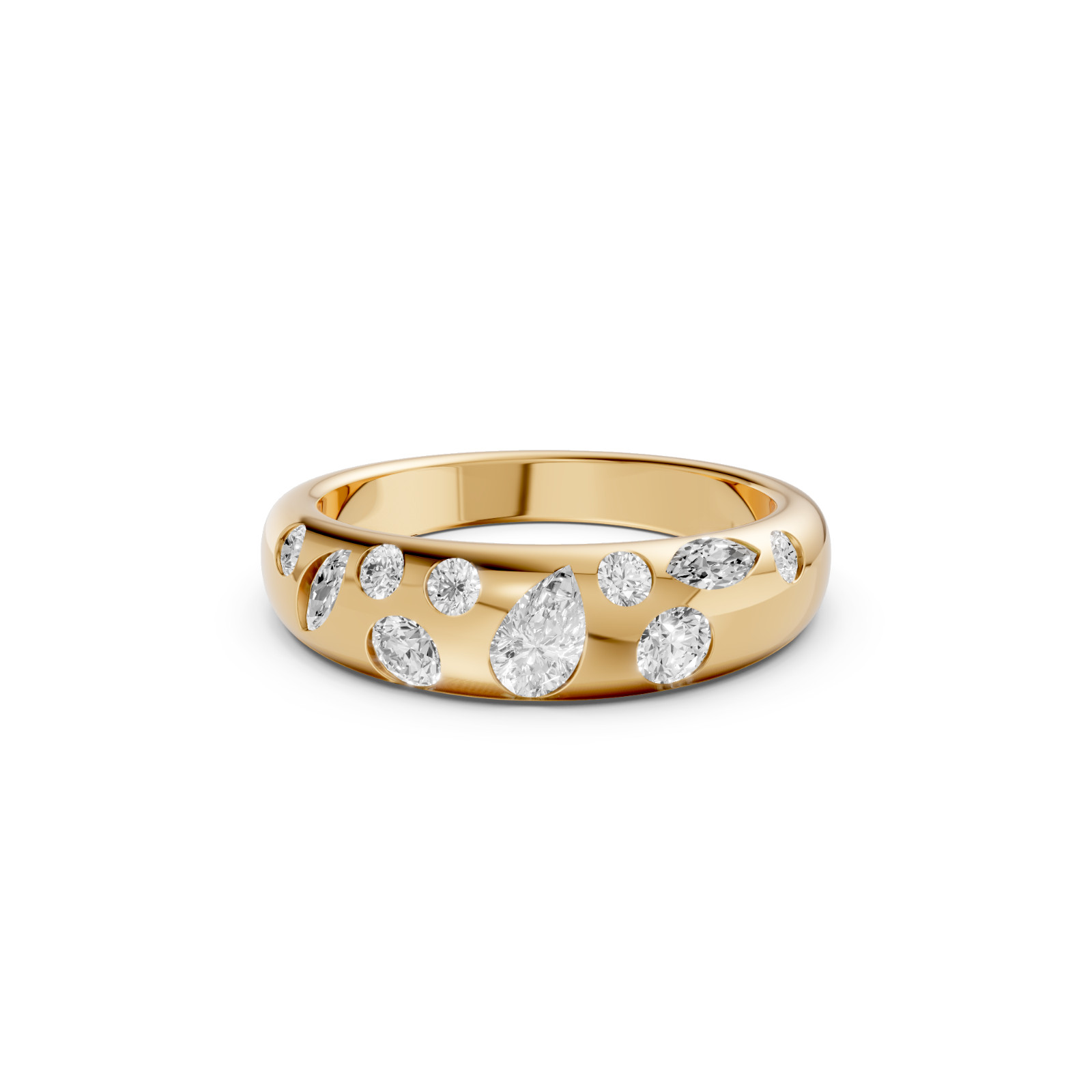 Multi Shape Lab Grown Diamond Flush Set Comfort Fit Gold Band In 14K Solid Gold