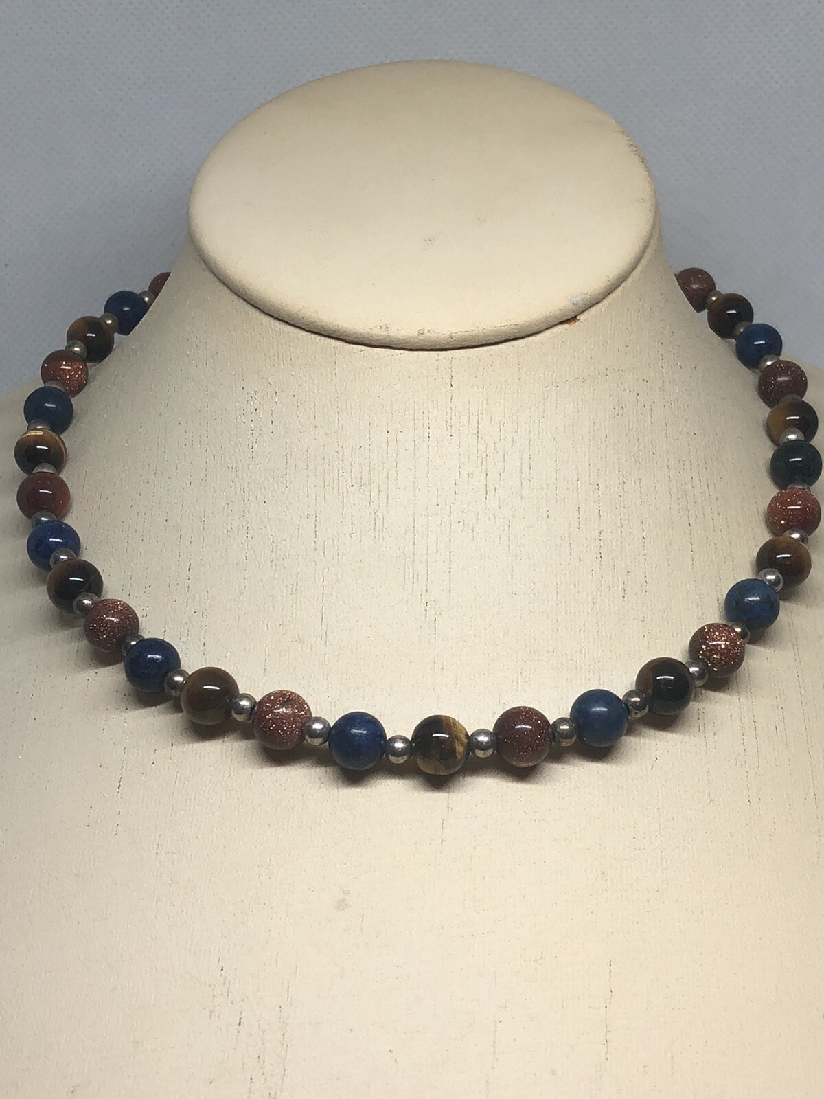 VTG TIGER EYE, LAPIS, SUNSTONE & SILVER BEADED NECKLACE ON SILK STRAND