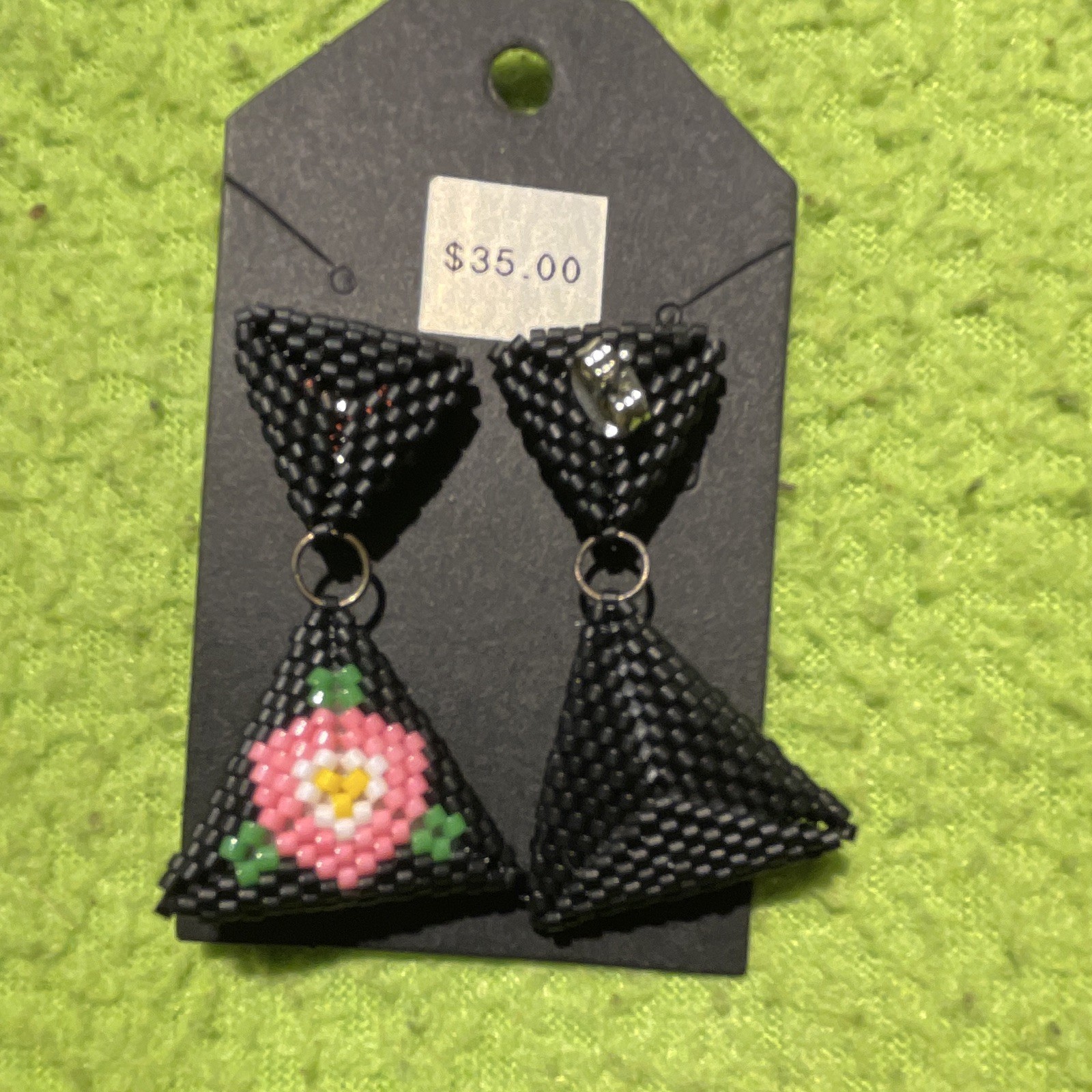 Black Beaded Triangle Dangle/Drop Earrings Pink Multicolor Flower Hook