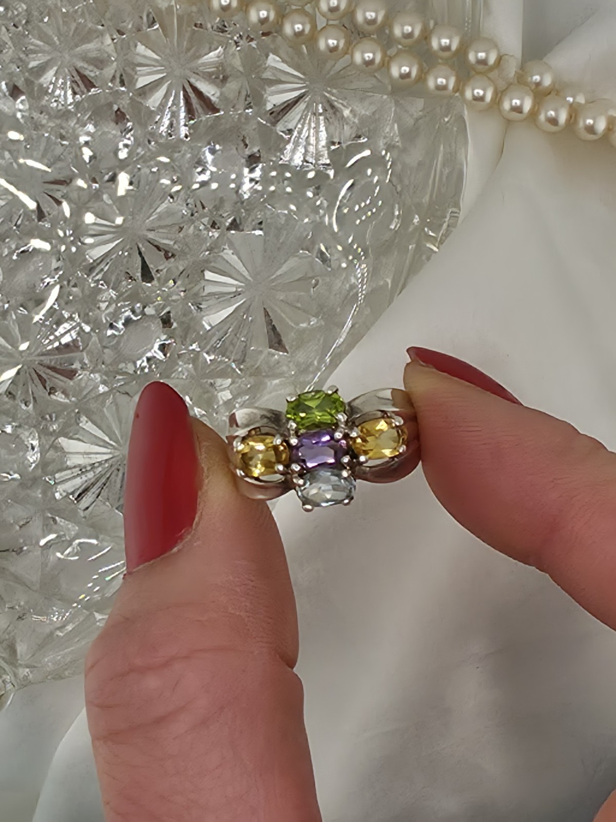 Vintage Sterling Silver 5 Gemstone Cluster Ring Amethyst Peridot Citrine Sz 7.5
