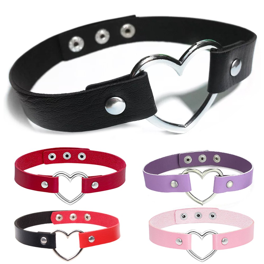 Leather Heart Choker Collar Punk Goth Adjustable Rivet Necklace Love O-Ring