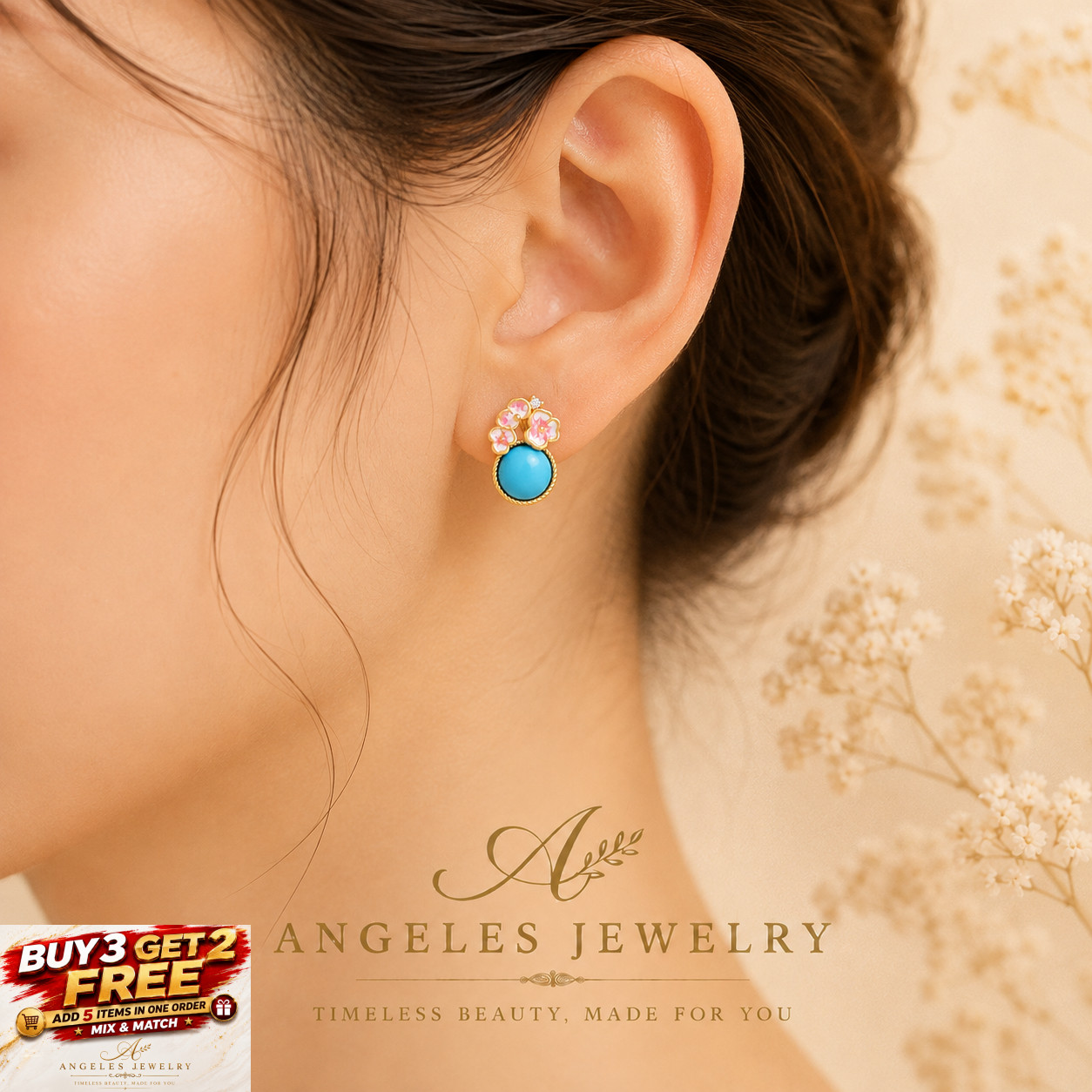 Bohemian Turquoise Gemstone Stud Earrings – Dainty Flower Shape 18K Gold Plated