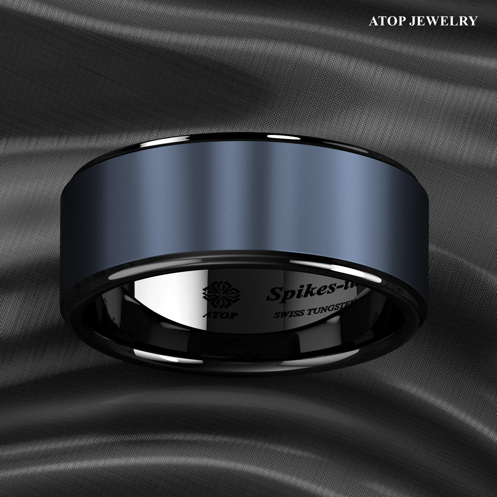 Black Tungsten Carbide Ring Sea Blue Brushed Center Bridal Band ATOP Men Jewelry
