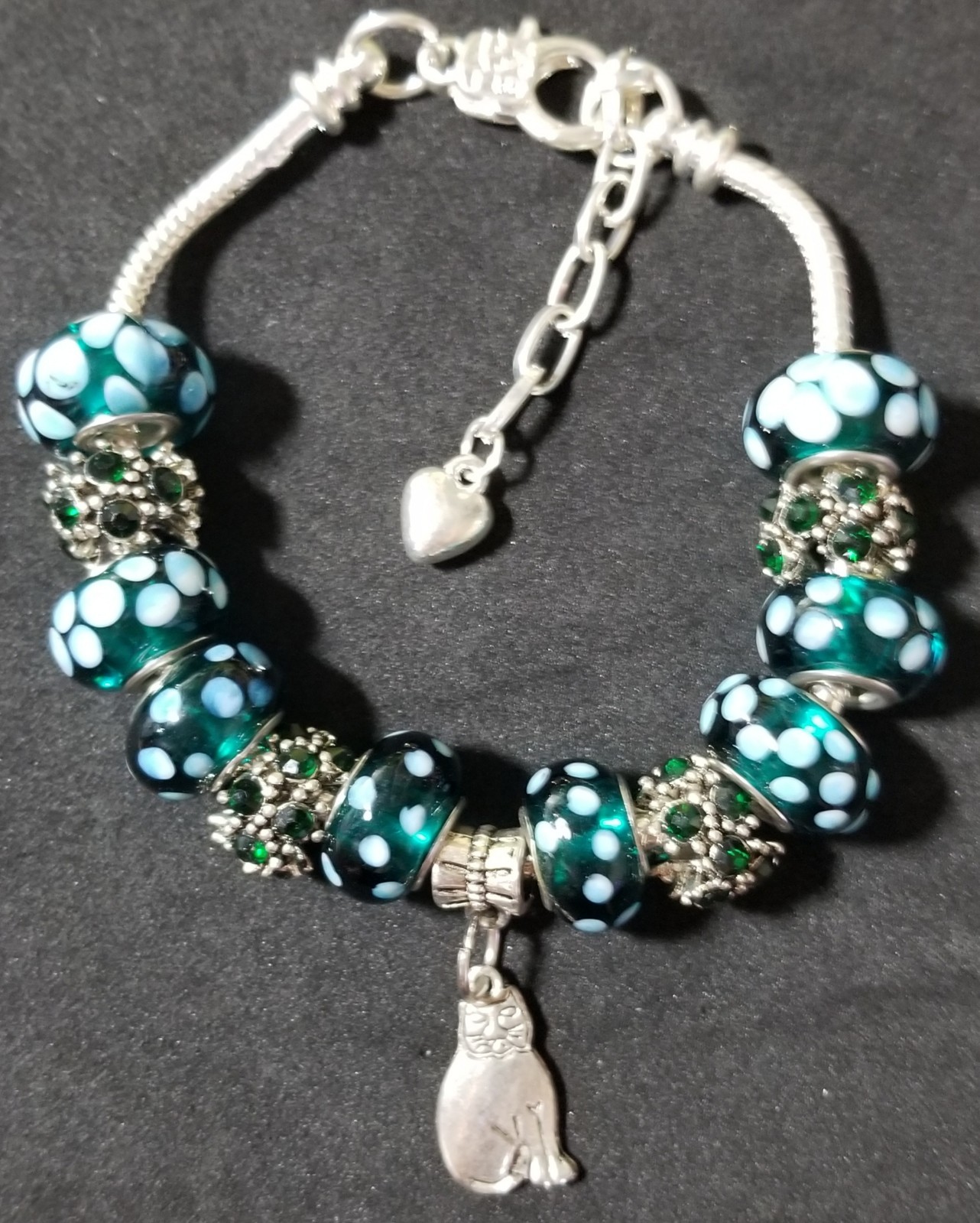 7.9″ FAT CAT CHARM MURANO LAMPWORK GLASS BEADS RHINESTONE SPACERS BRACELET