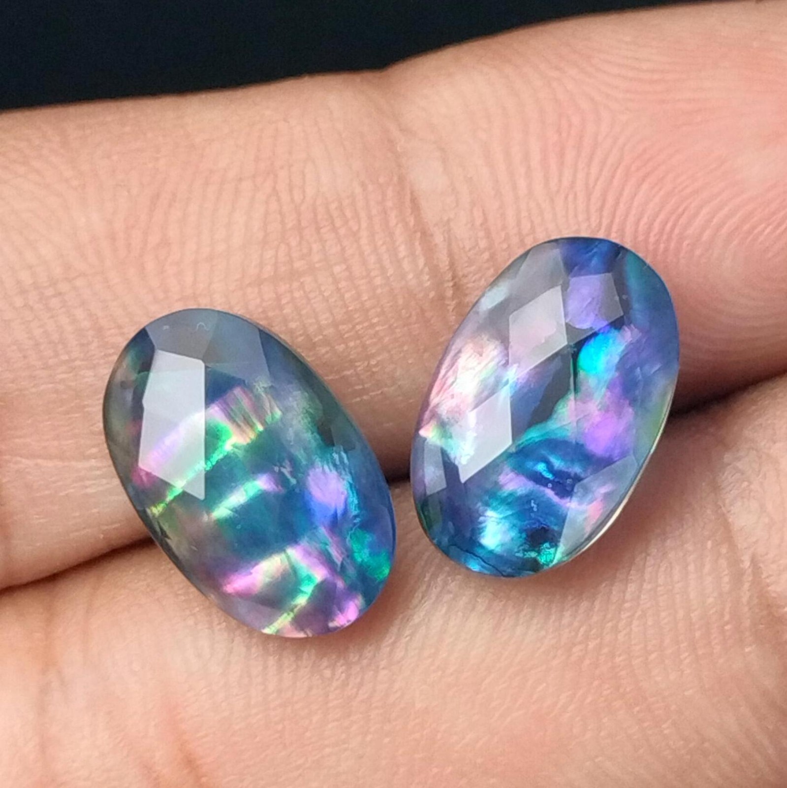 Ammolite Stone Doublet Oval Matched Pair Briolette Loose Gemstones 12 x 15 MM