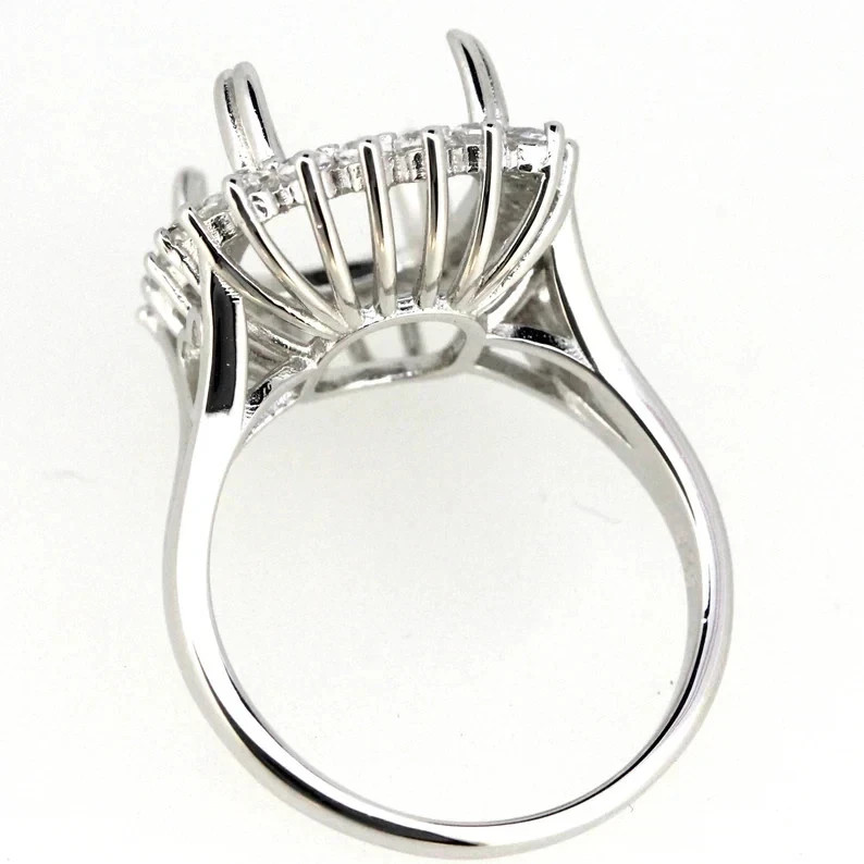 14K White Gold Over Semi Mount Ring Setting Radiant 12x10mm Halo Diamond Accent