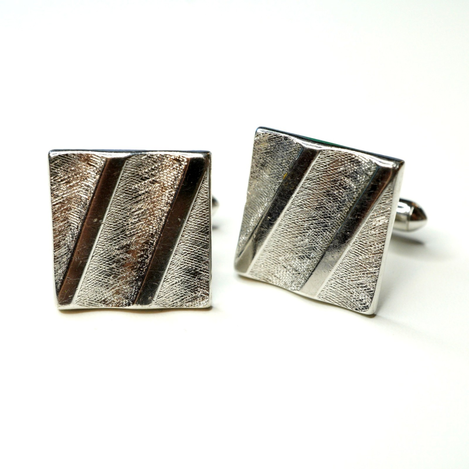 Swank Silver Tone Square Cufflinks Textured Diagonal Stripes Mid Century Modern