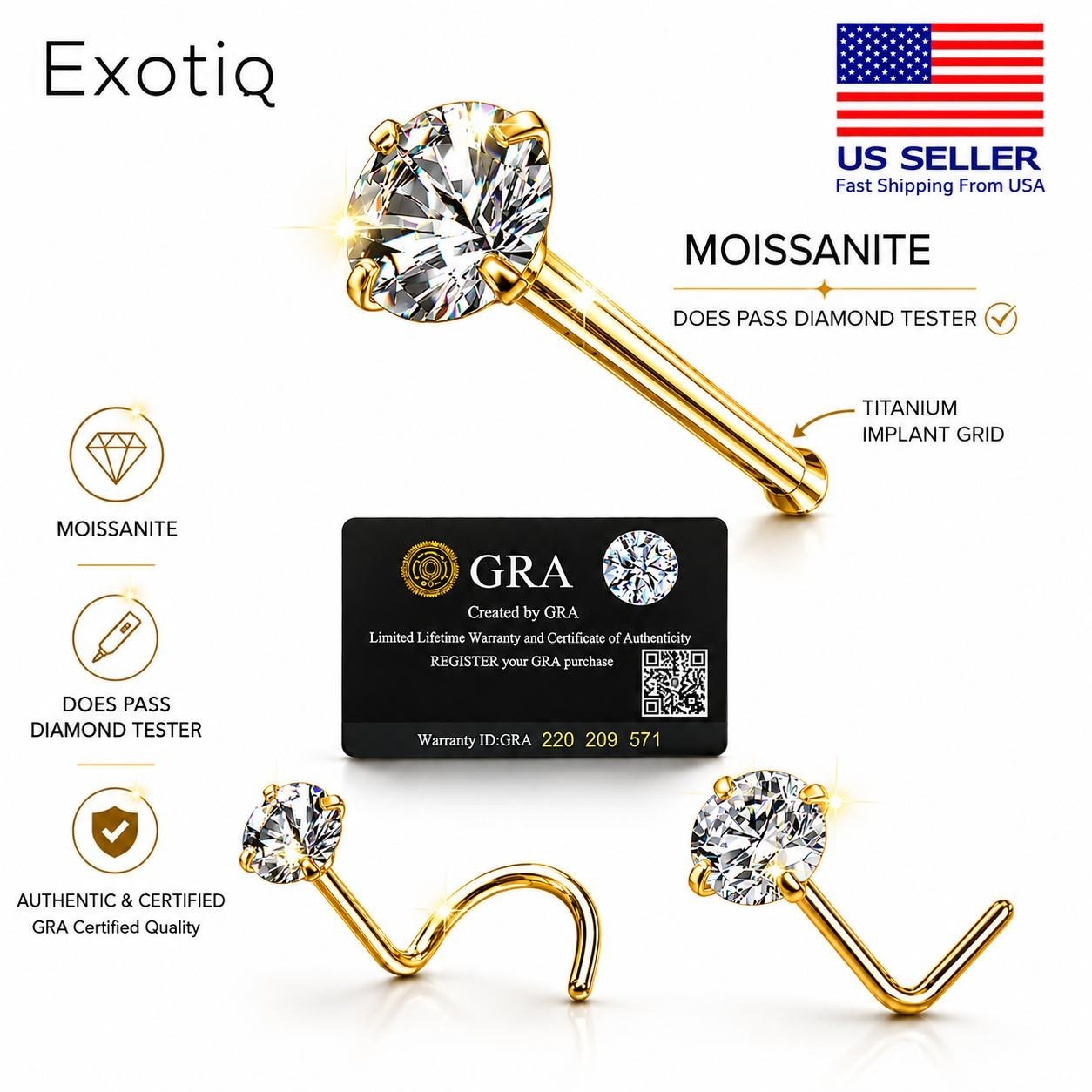 Moissanite Stone Titanium Nose Stud Piercing 18 Gauge L Shape Bol Gold pvd