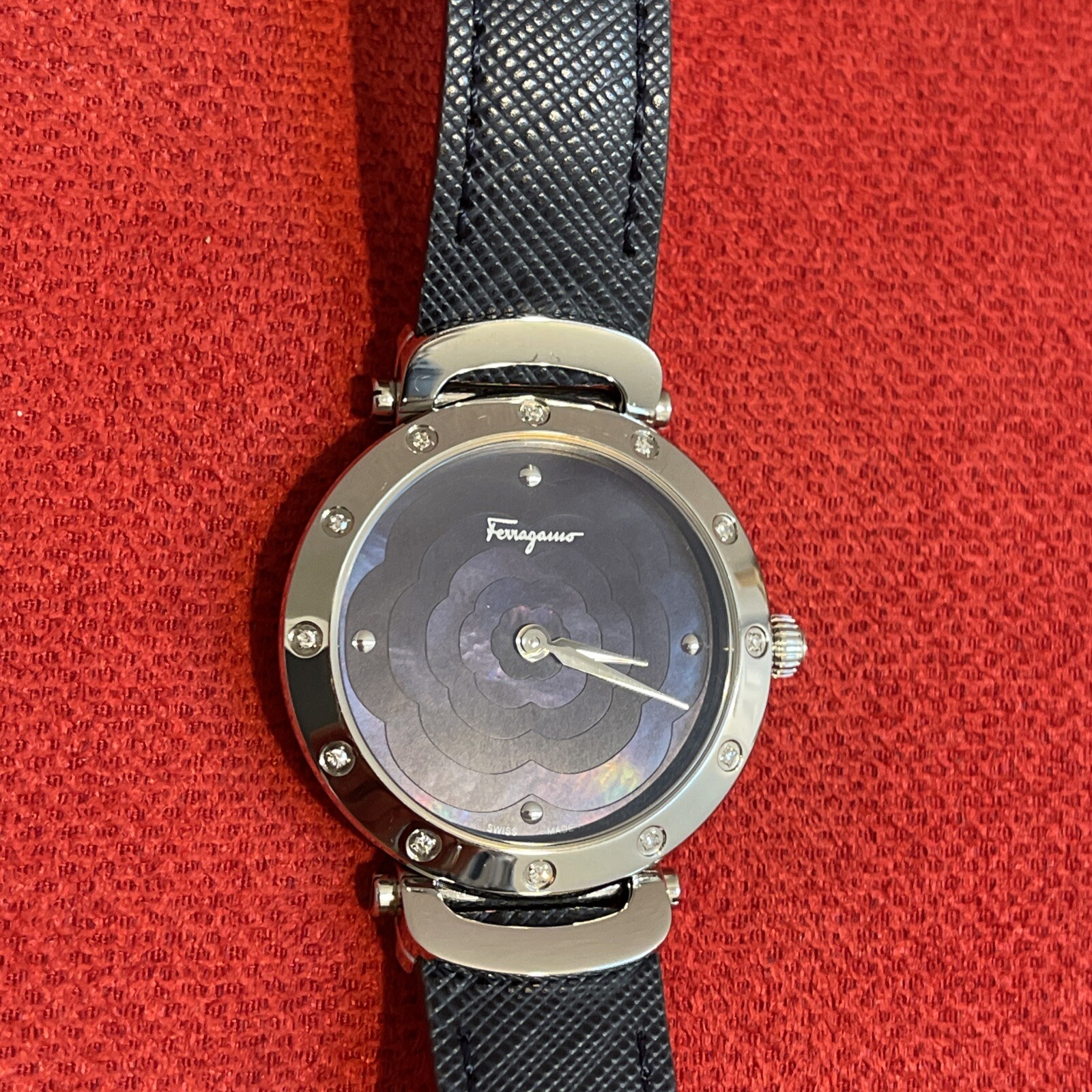 SALVATORE FERRAGAMO Blue Leather Floral Mother Of Pearl 12 Diamonds $1395