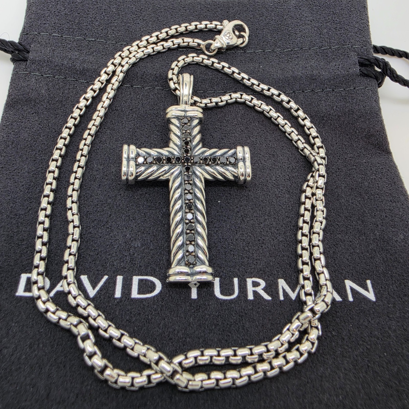 David Yurman Sterling Silver Black Diamond Chevron Cross w/ 20″ inch Chain