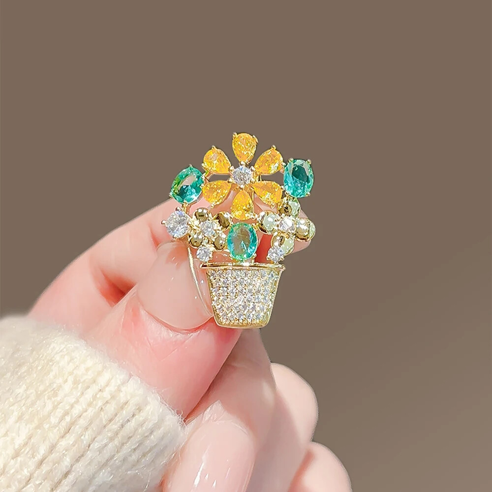 Easter Spring Flower Basket Brooch Sparkling Rhinestone Crystal Pin Jewelry Gift