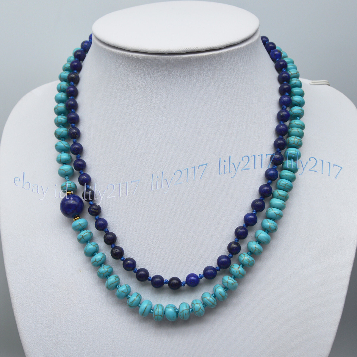 2 Rows 5x8mm Blue Turquoise Rondelle Gems & Round Lapis Lazuli Necklaces 17-18”