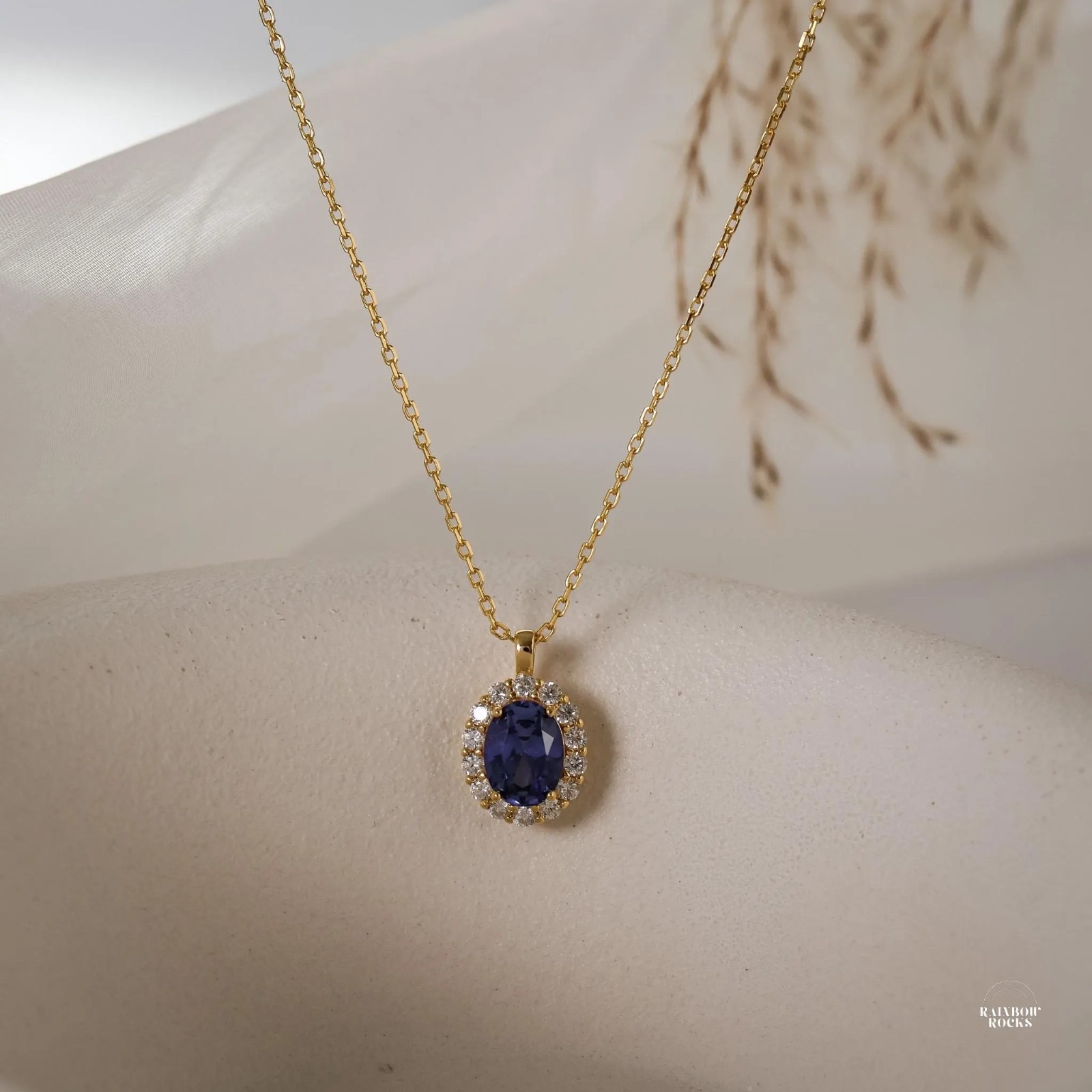 Sapphire Oval Necklace 14K Gold Vermeil, Real Lab Blue Sapphire Gemstone