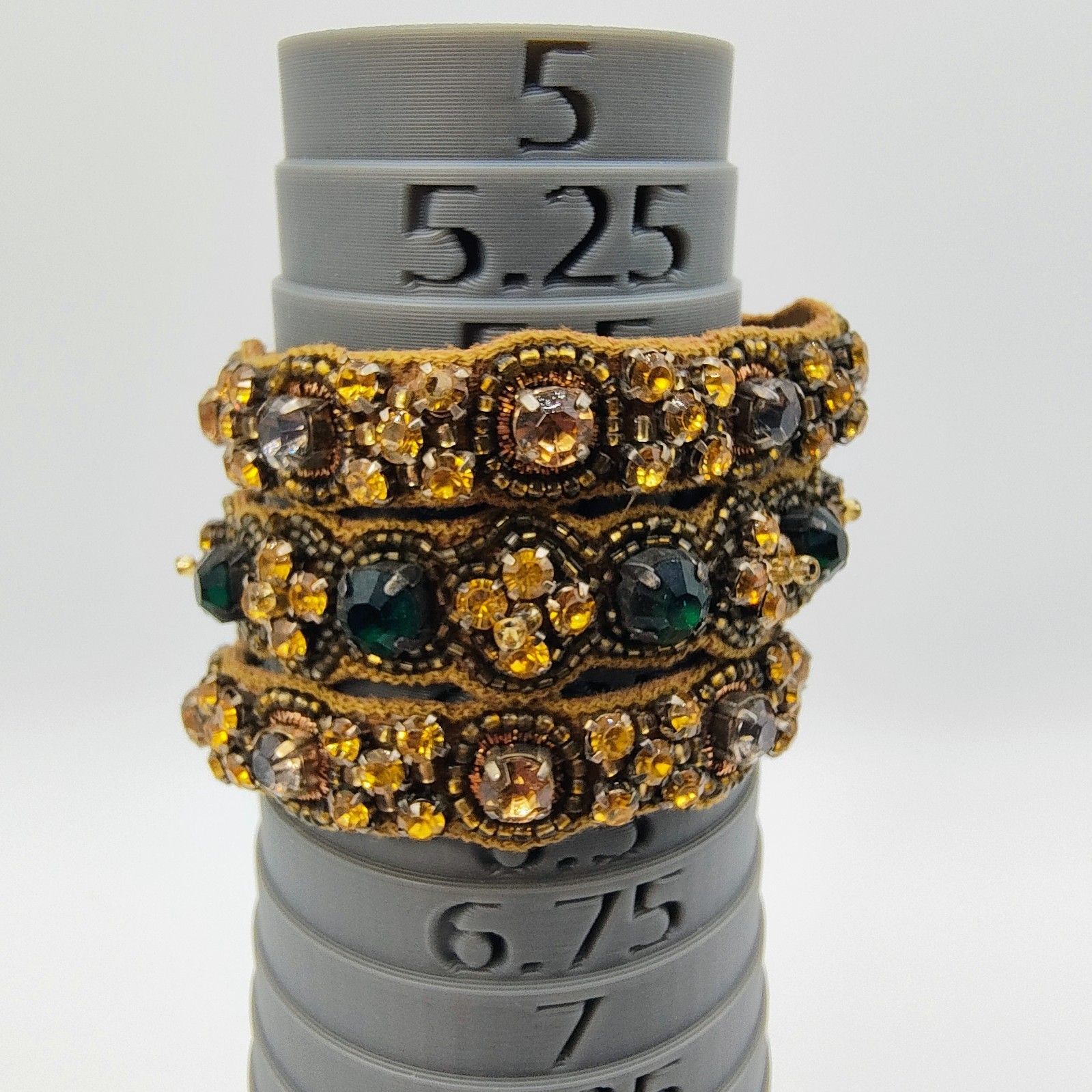 Bohemian Maximalist Cuff Bracelet Faux Leather Green Amber Color Rhinestone