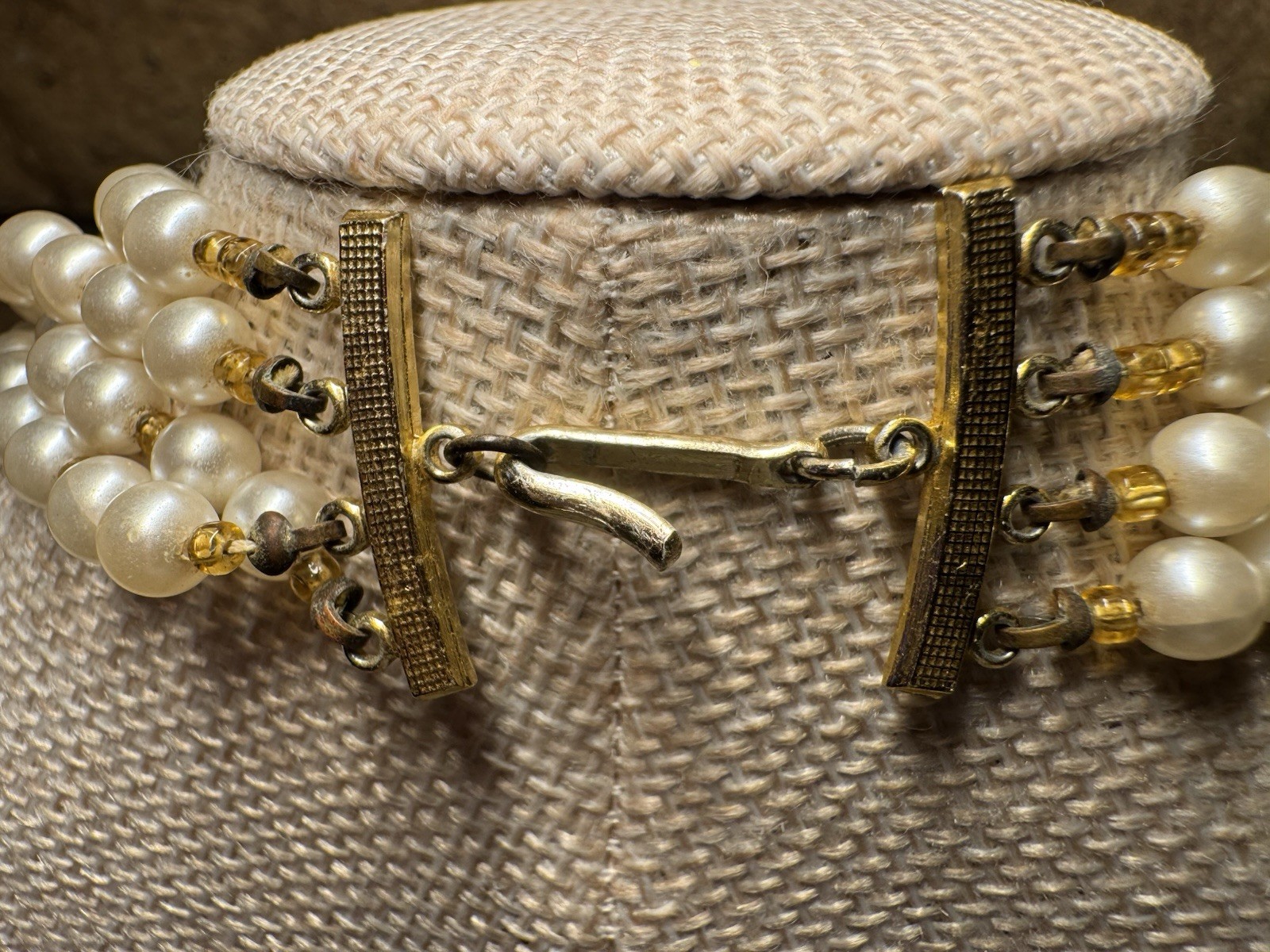 Vintage Multi-Strand Ivory Imitation Pearl & Gold Bead Necklace w Hook c1950s