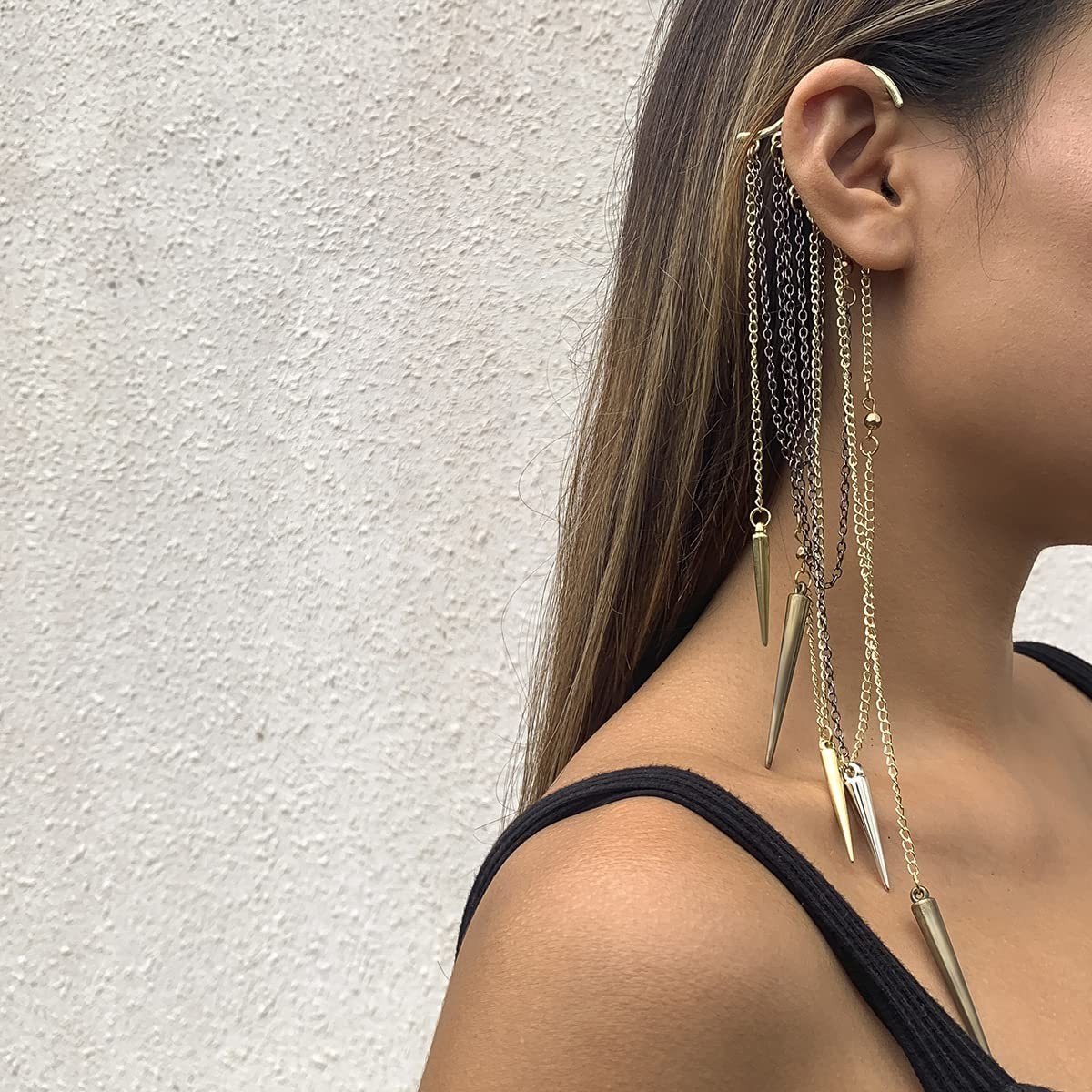 Gothic Retro Long Chain Tassel Ear Cuff Wrap 1pcs Non-Piercing Cone Bar Pendant