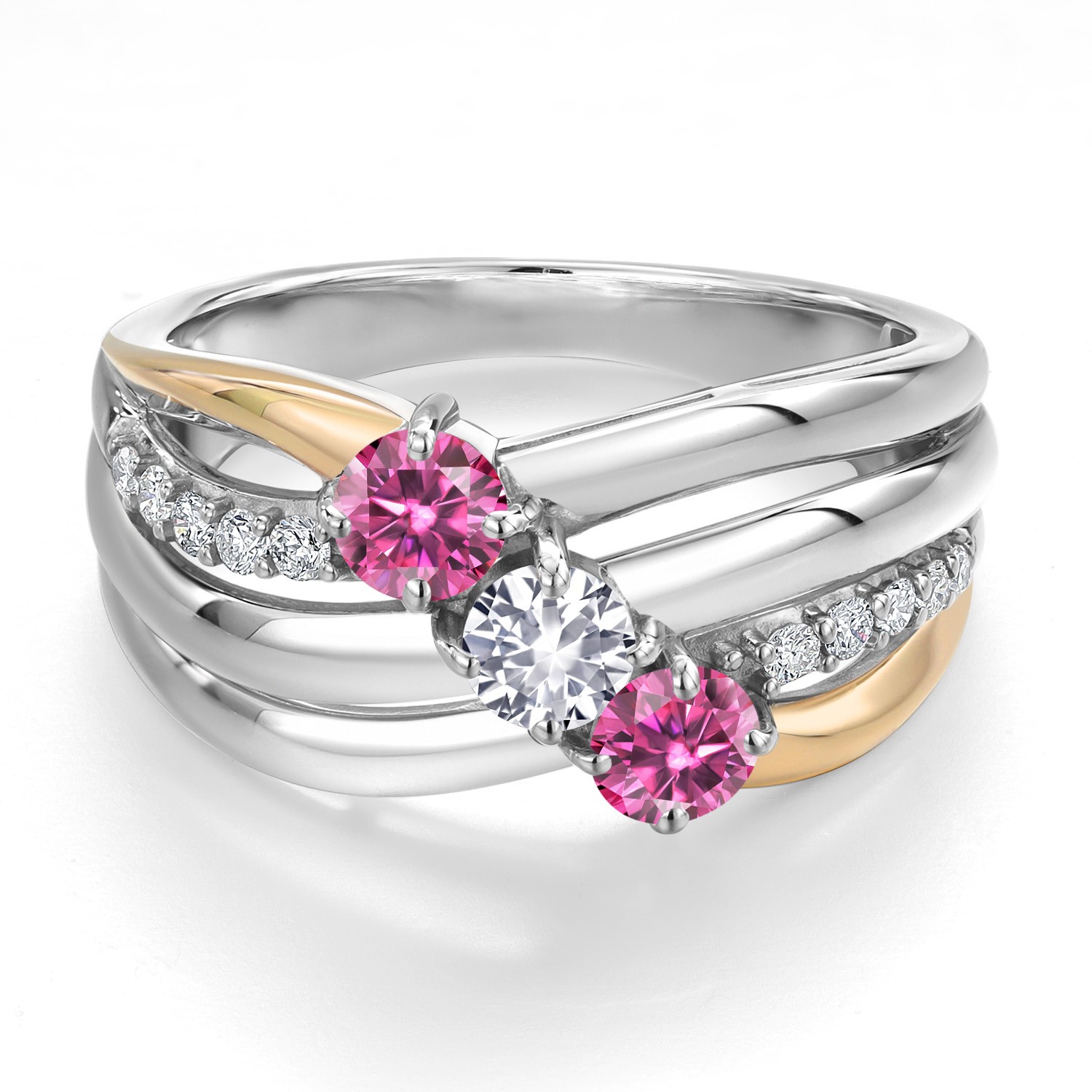 925 Silver and 10K Yellow Gold Pink Moissanite and White Created Sapphire and