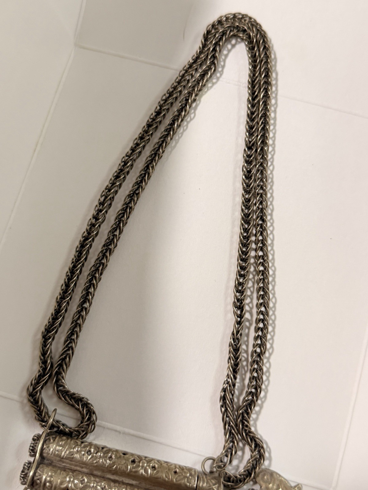 Vintage Tibetan Double Prayer Scroll Tube Necklace Fish Charms Pendant 29g Rare