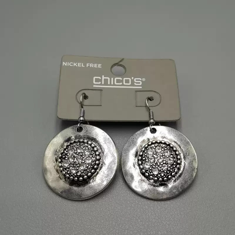Chico’s Silver Disc Drop Earrings Rhinestone Statement Dangle Boho Vintage Style