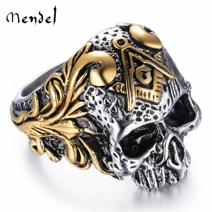 MENDEL Goth Mens Gold Plated Masonic Biker Skull Ring Stainless Steel Size 8-15