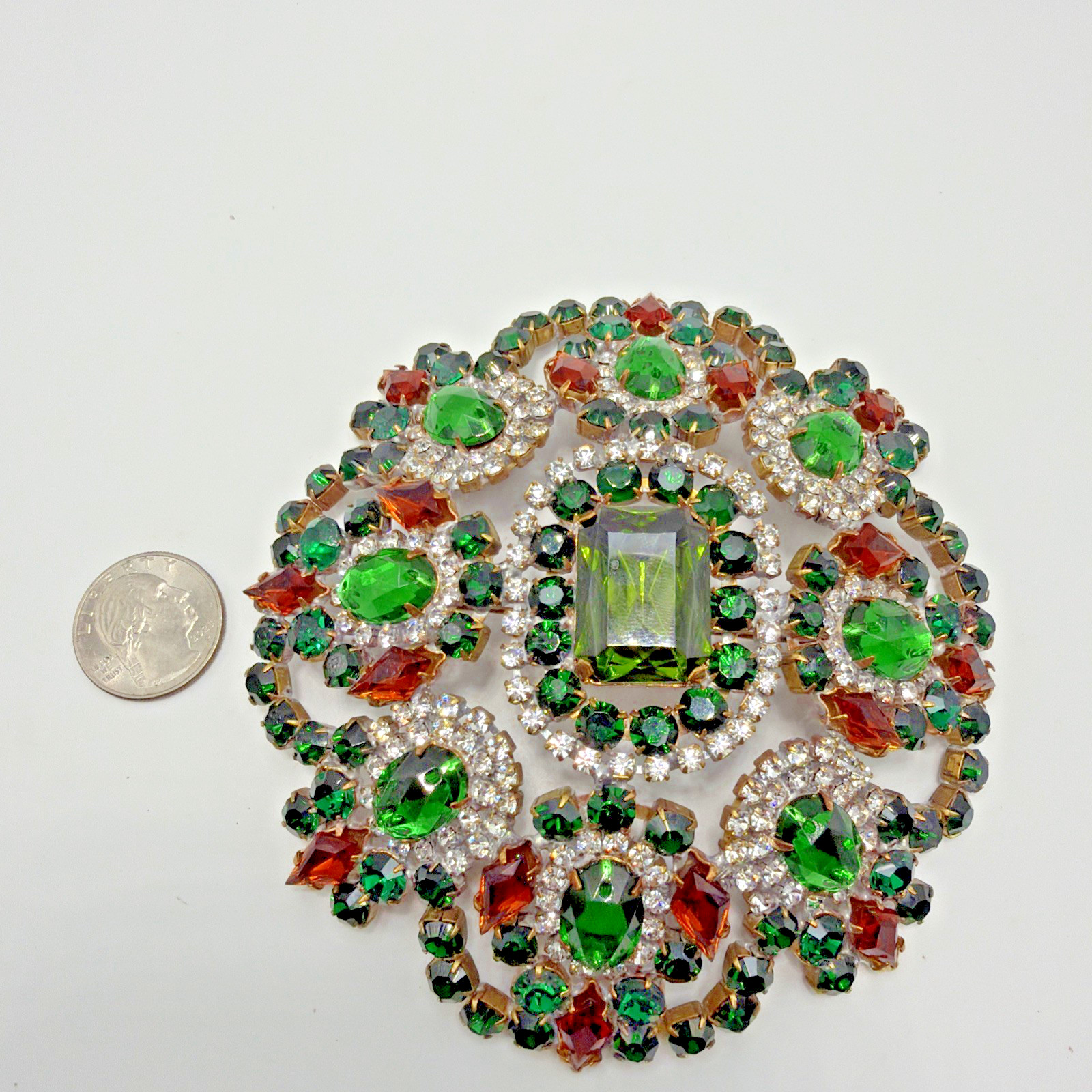 Vintage Bijoux Statement Crystal Rhinestone Brooch Green Orange Tones