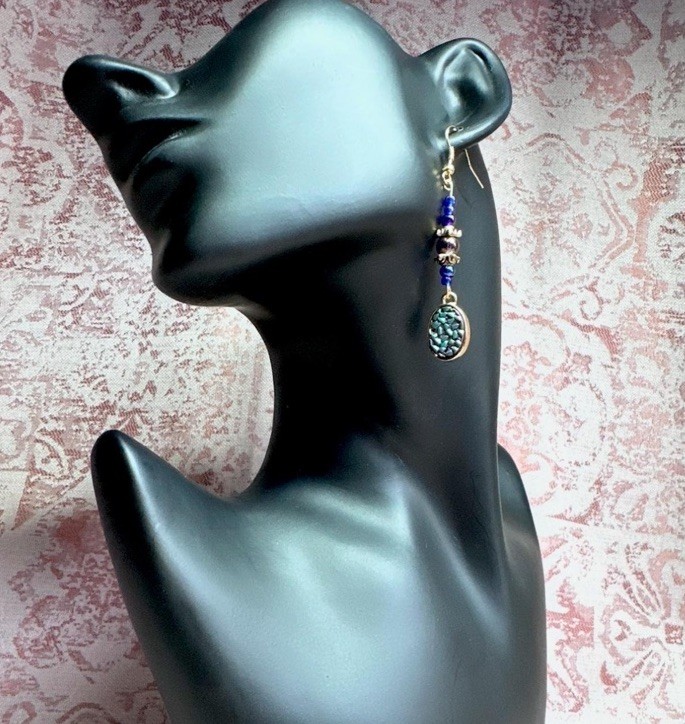 handcrafted blue green gold abalone shell like beaded oval earrings