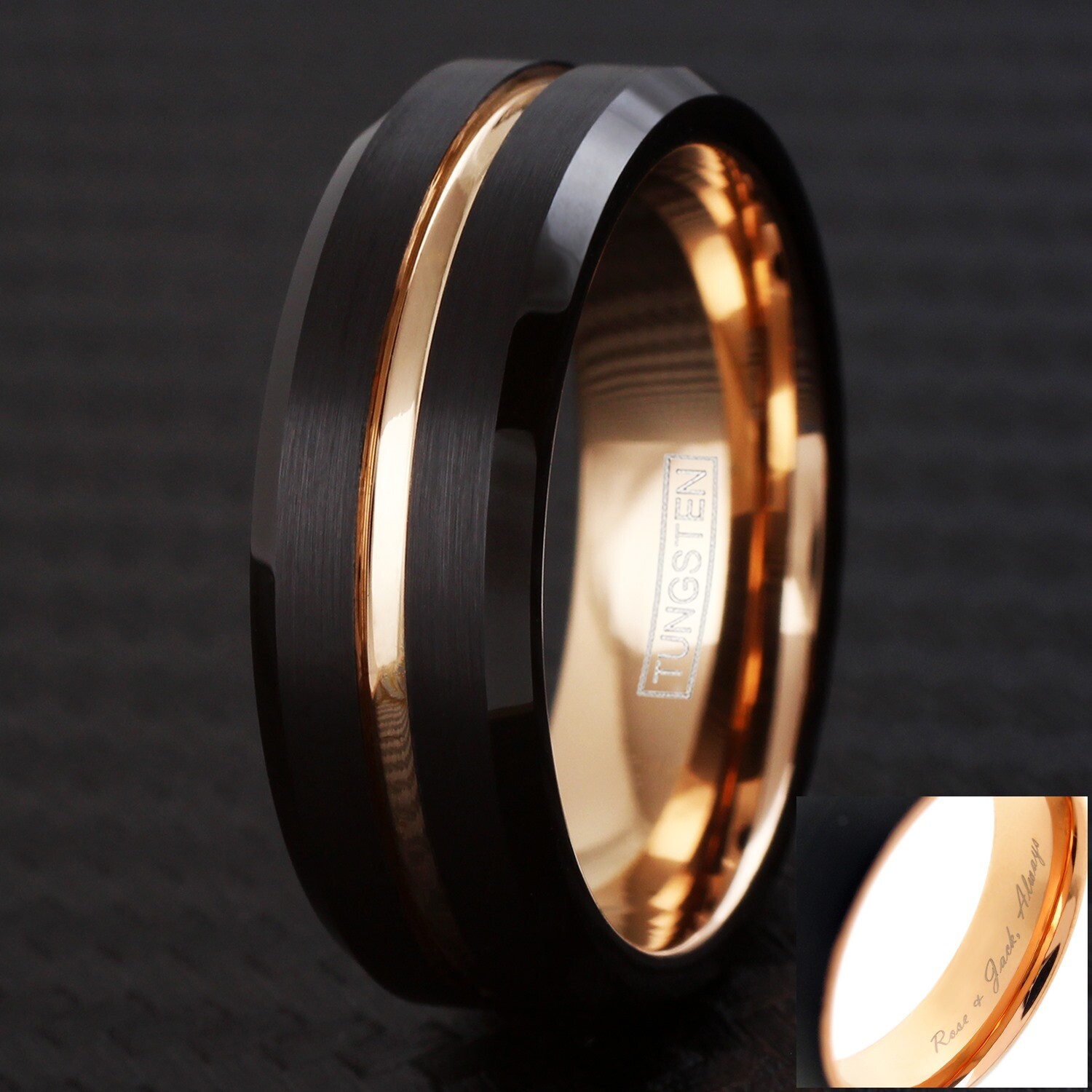 Engraved 8mm Men’s Black Brushed Tungsten Carbide Rose Gold Plated Band Ring