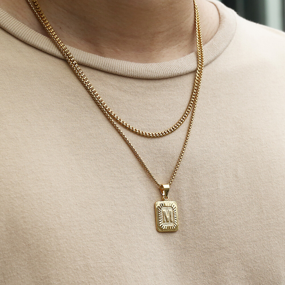 Mens Gold Plated Stainless Steel Cuban Chain Initial Letter Pendant Necklace Set