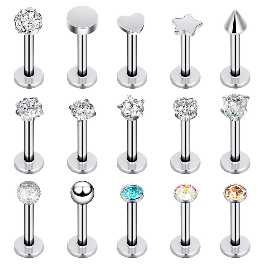 5-15PCS 316L Steel Nostril Pin Septum Clicker Lip Labret Stud Earring 18G /16G
